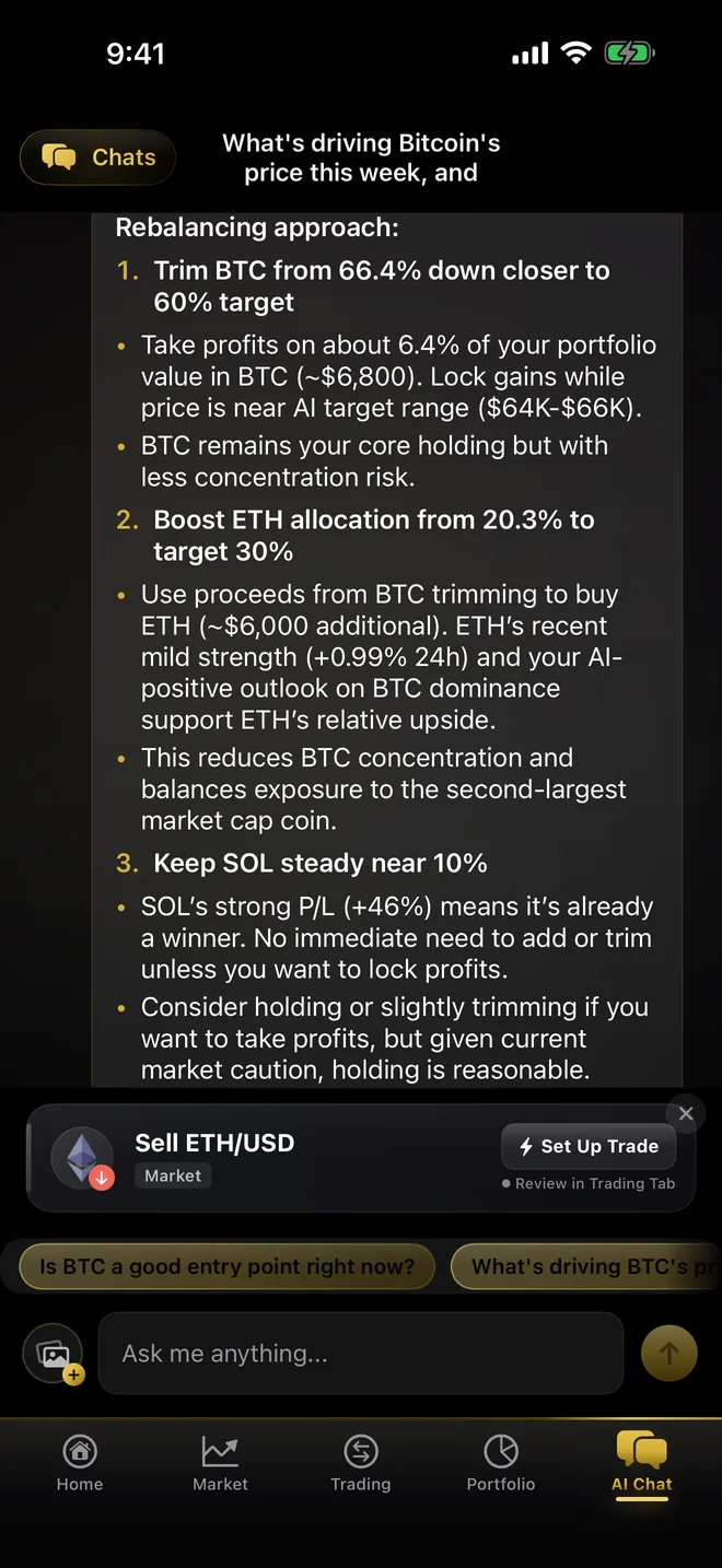 CryptoSage AI chat turning a portfolio rebalance into a staged trade, reviewed in the Trading tab