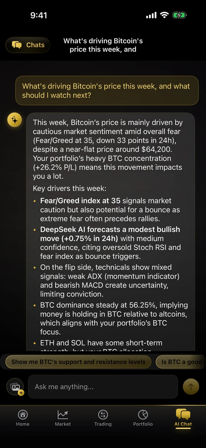 CryptoSage AI portfolio-aware market analysis (dark theme)