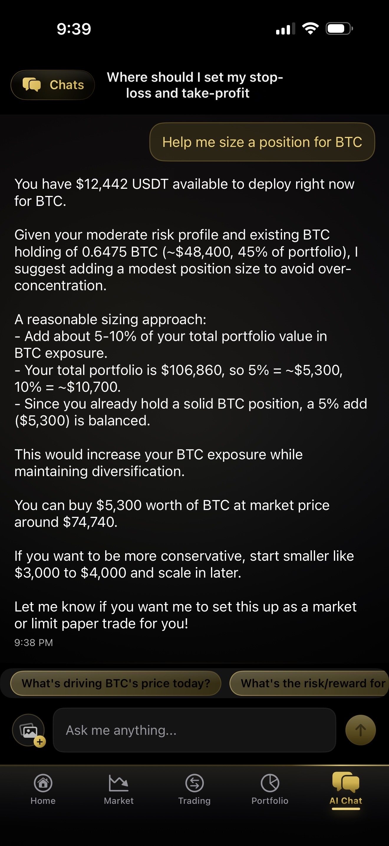 CryptoSage AI chat (dark theme)