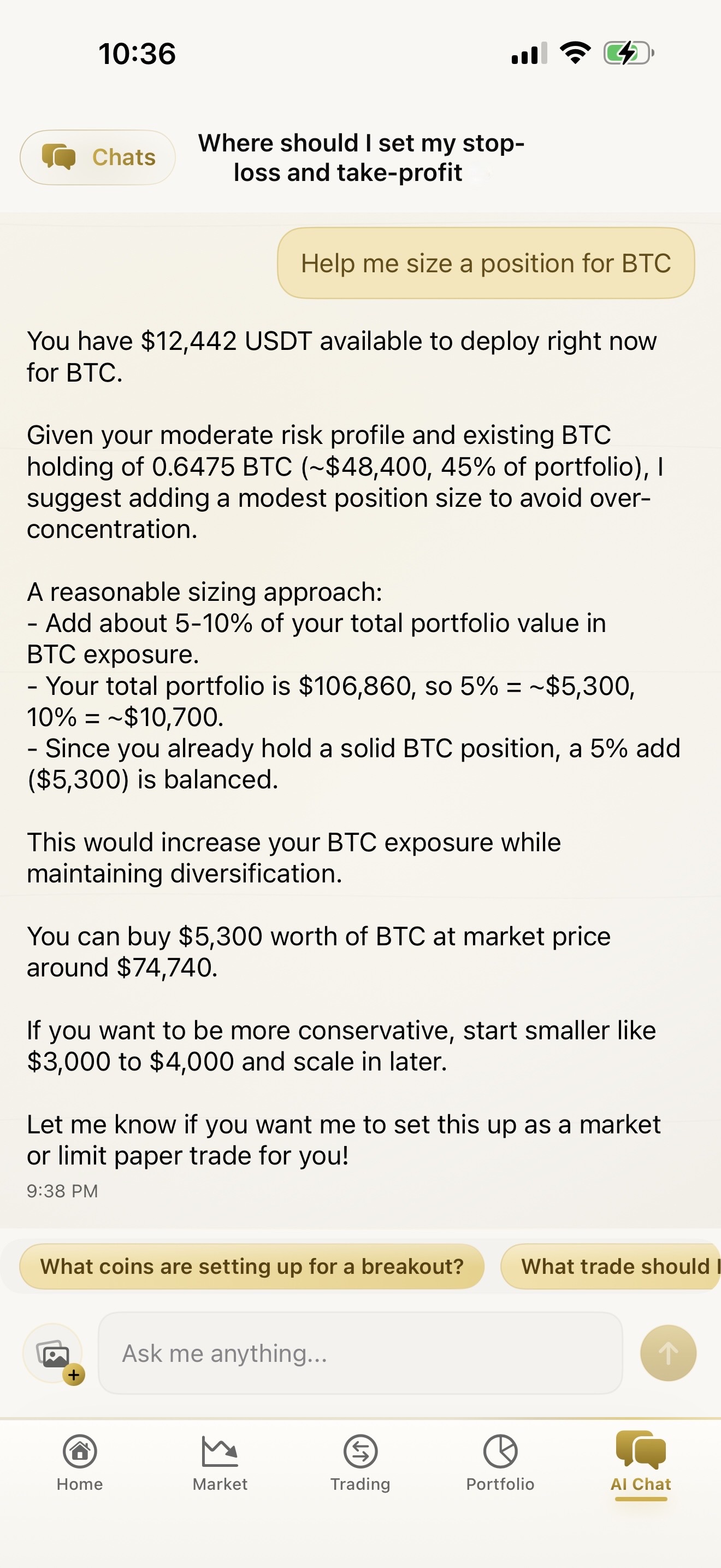 CryptoSage AI chat sizing a BTC position from your portfolio