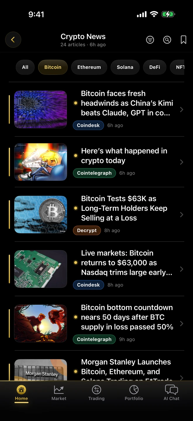 CryptoSage AI Bitcoin news filter (dark theme)
