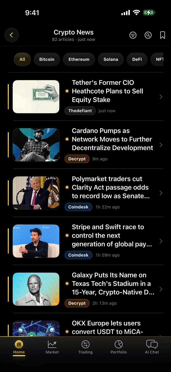 CryptoSage AI crypto news feed (dark theme)