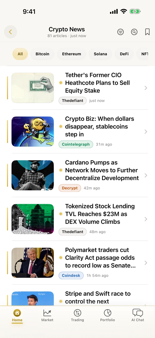 CryptoSage AI crypto news feed with category chips and article cards from top outlets