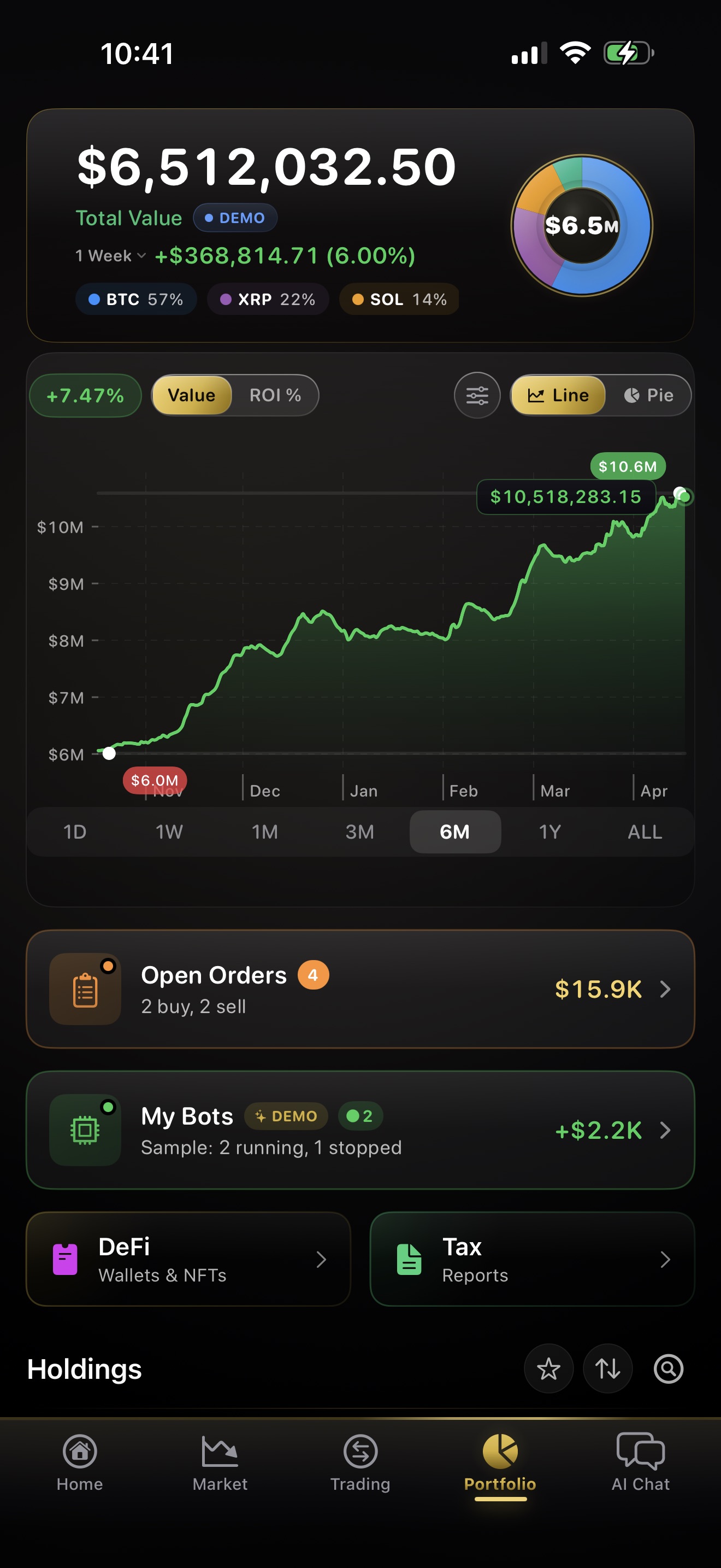 CryptoSage AI portfolio overview (dark theme)