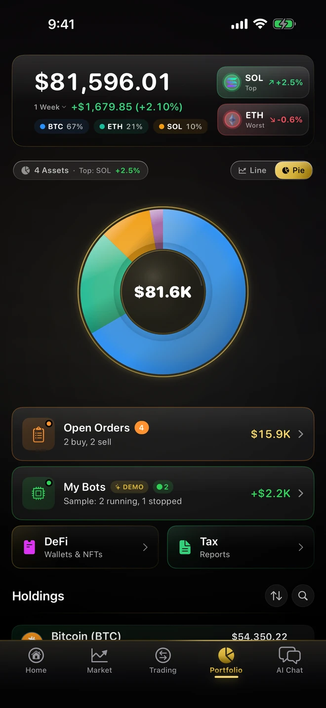 CryptoSage AI portfolio allocation (dark theme)
