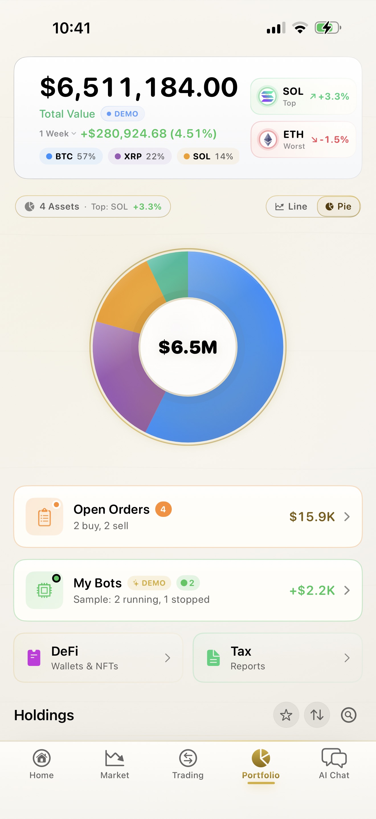 CryptoSage AI portfolio overview with allocation, bots and DeFi