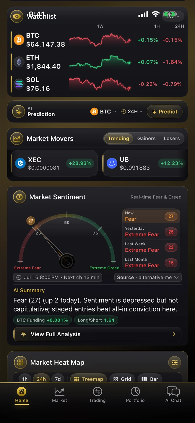 CryptoSage AI sentiment card with alternative.me source (dark theme)