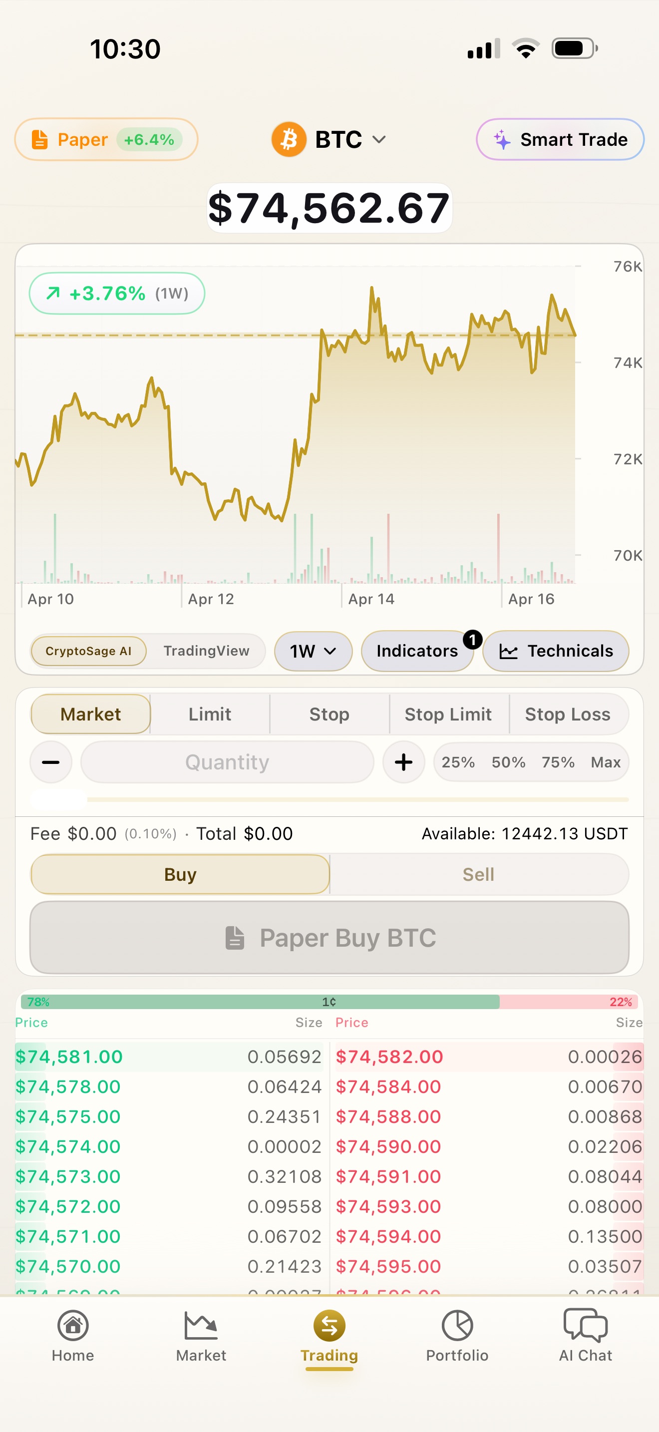 CryptoSage AI BTC chart with order book and paper trading