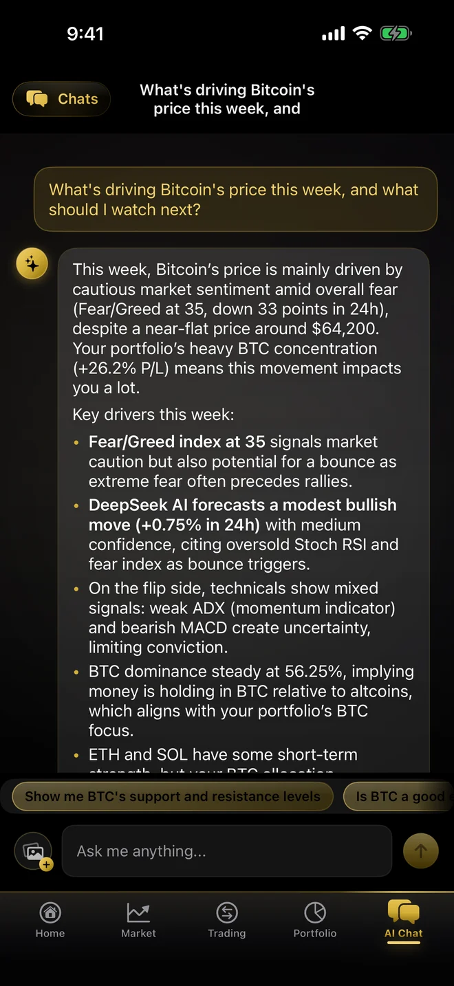 CryptoSage AI chat staging a trade with a one-tap action card